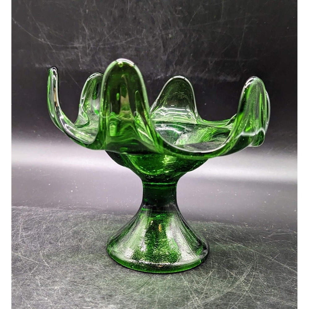 Vintage Green Art Glass 6 Finger Compote Crackle Glass 6.5"